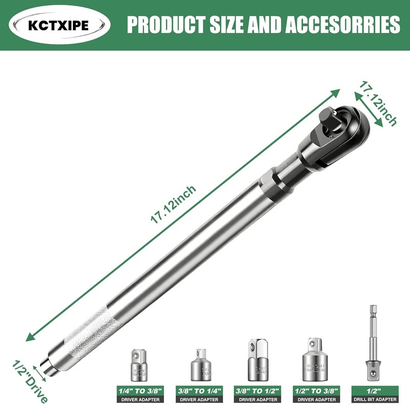 KCTXIPE Offset Extension Wrench for electric drill,1/2" Drive Impact Wrench Extender with 3/8",1/4" Drive Adapters for Tight Spaces packing in blew case - Image 2